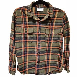 Old Navy Kids Plaid Flannel Shirt XL 14-16 Green Orange Button Down